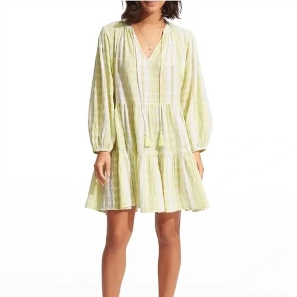 Seafolly Short V-Neck Textured Gingham Tiered Dress in Wild Lime NWT - Picture 8 of 8